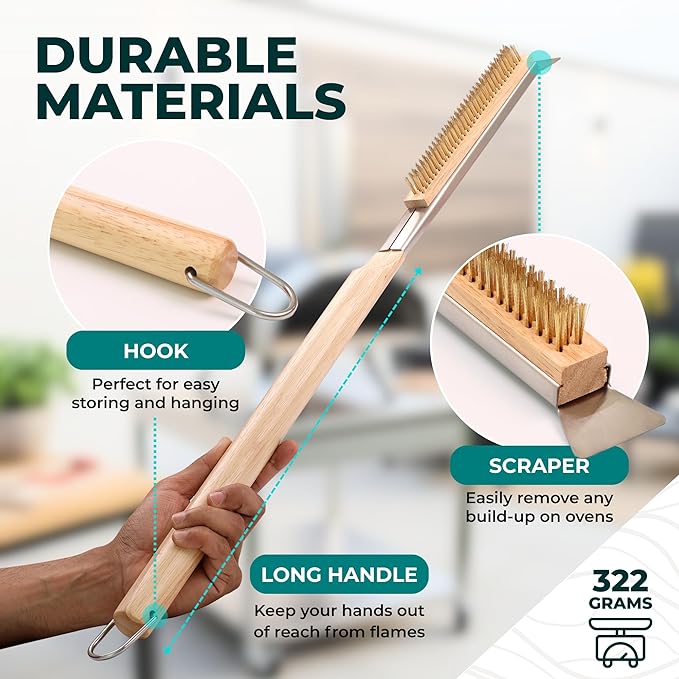 Urban Whisk 26" Pizza Oven Brush with Scraper – Heat Resistant Pizza Brush for Pizza Oven with Stainless Steel Bristles | Pizza Stone Brush for Cleaning Residue & Ash, Extra Long Handles & Spare Head