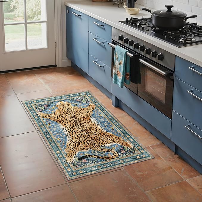 Bavni 2x3 Leopard Rug, Machine Washable Cheetah Door Mat,Soft Animal Small Boho Rugs Non Slip Low Pile Non-Shedding Throw Indoor Print Woodland Jungle Carpet for Entryway Front Door Bathroom,Blue