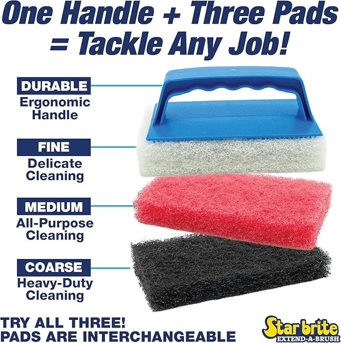 STAR BRITE Medium Red Scrub Pad with Interchangeable Handle - Versatile Cleaning for Most Tasks Including Aluminum Restoration, Teak & Fine Wood Cleaning (Red) Medium (040130)