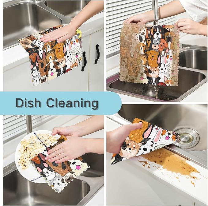 Dish Towels Kitchen Cleaning Cloths Cute Doodle Dog Print Animal Dish Cloths Absorbent Kitchen Towels Lint Free Bar Tea Soft Towel Kitchen Accessories Set of 6,11"x11"