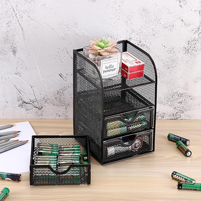 BTSKY Metal Mesh Battery Storage Organizer for AA, AAA, 9V, C Batteries, 3-Drawer Storage Box Battery Holder Organizer for Common Types Batteries, Household Container (Batteries Not Included)