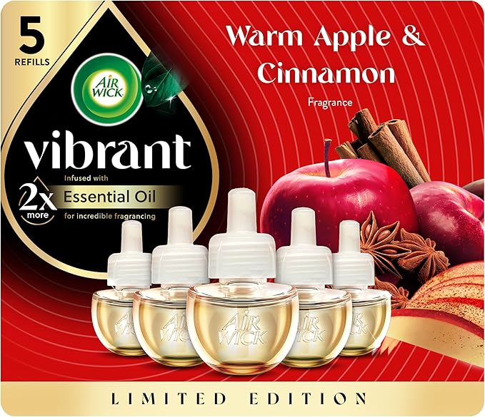 Air Wick Vibrant Plug In Scented Oil Refill, Infused with Essential Oils, Plug In Air Fresheners for Home, Fall Scent, Fall Décor, Warm Apple & Cinnamon, 5 ct