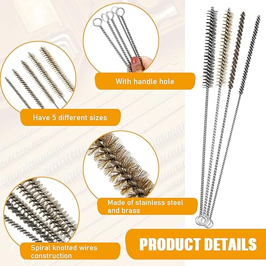 20 Pcs Wire Tube Brushes Bulk for Cleaning Pipe Tube Brass Stainless Steel Round Wire Brush for Auto Parts Christmas, Bottles, Tubes, 5 Sizes (Silver Gold)