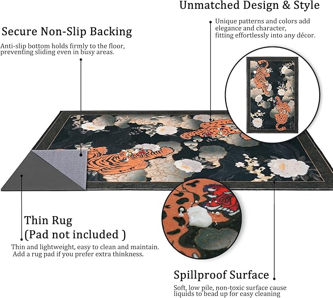 Tiger 6X9 Area Rug, Japanese Washable Leopard Tiger Rugs for Living Room, Vintage Large Soft Dining Room Rug, Non Slip Ultra Thin Stain Resistant Floor Carpet for Home Office Bedroom, Black