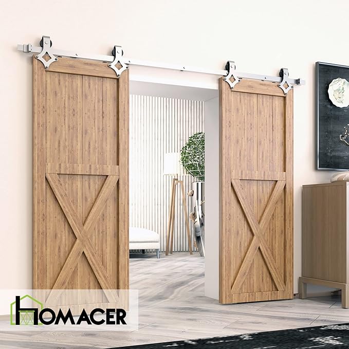 Homacer Brushed Nickel Non-Bypass Sliding Barn Door Hardware Kit, for Two/Double Doors, 6ft Long Flat Track, Diamond Design Roller, Heavy Duty, for Interior Use