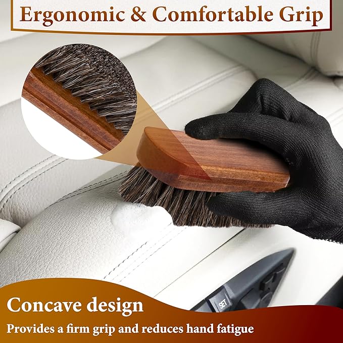 2 PCS Leather Brush Car Detailing, Horse Hair Brush, Car Cleaning Supplies, Car Interior Brush, Carpet Brush for Car Detailing, for Car Interior Seat, Carpet, Upholstery, Furniture and Shoes