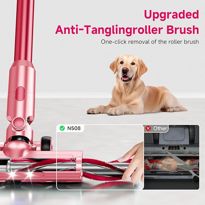 Cordless Vacuum Cleaner, 8 in 1 40Kpa 55Mins,Lightweight Vacuum Cleaners for Home, Stick Vacuum with Anti-Tangle Brush,Wall Mount, Rechargeable Cordless Vacuum for Floor/Sofa/Pet Hair,Pink