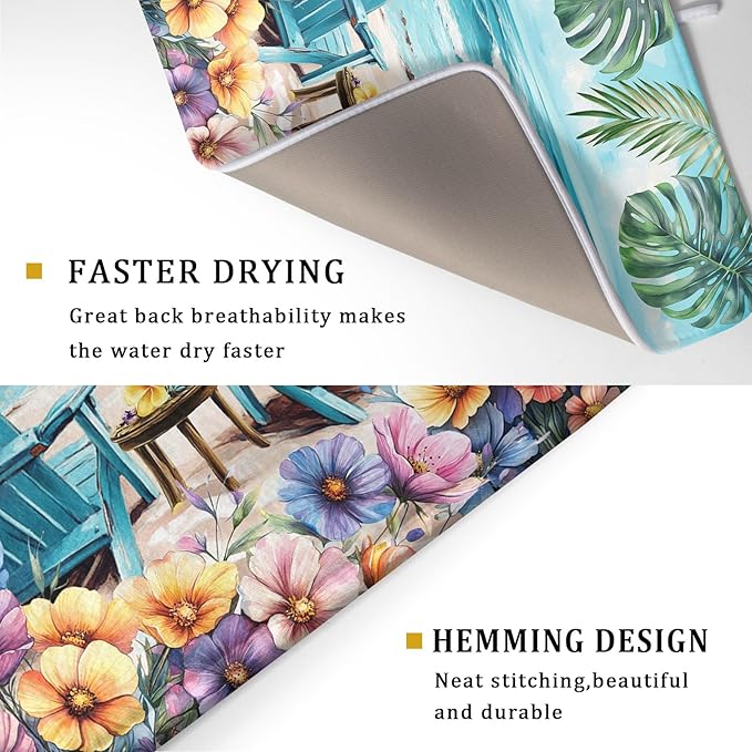 Spring Summer Sea Chair Dish Drying Mat for Kitchen Counter,Coastal Beach Palm Leaf Flowers Drying Mat 18 x 24 Inch with Absorbent Reversible Microfiber Drying Pad for Coffee Bar
