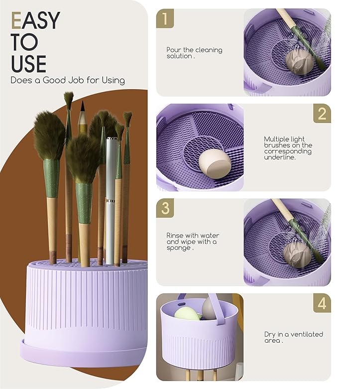 Makeup Brush Cleaner Bowl Rack 3 in 1, Silicone Cleaning Tool with Drying Holder Mat, Organizer Makeup Brush Storage Air Dry Case (purple)