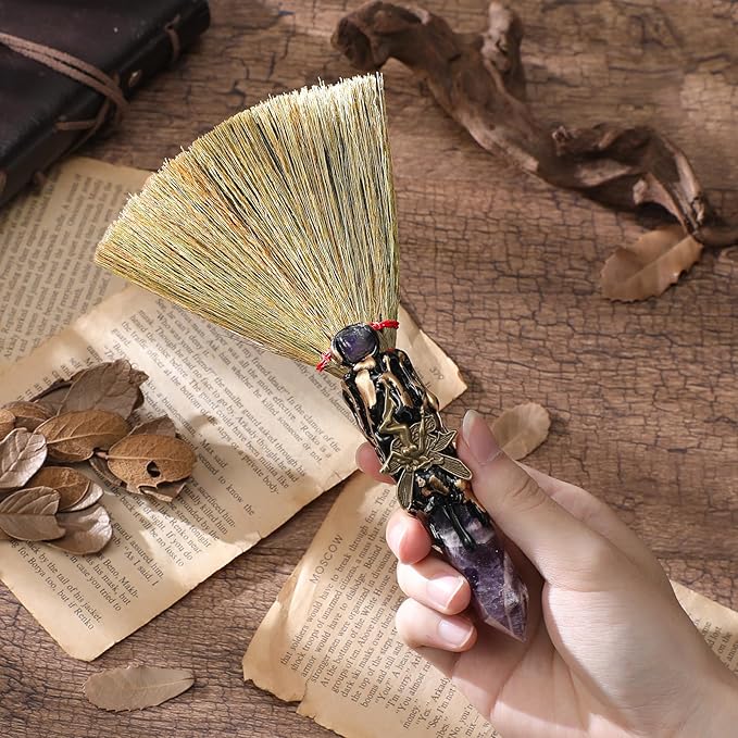 Crystal Witch Altar Broom - Witchcraft Supplies with Amethyst Wiccan Stuff Broomstick with Natural Healing Crystals Hexagonal Points Pagan Fengshui Reiki Energy Clearing Gift