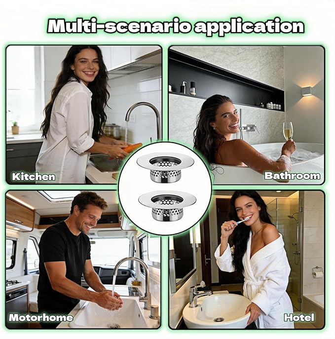 2-Pack Stainless Steel Drain Filter for Bathtub, Shower & Sink – 1.97” Universal Hair Catcher, Clog Preventer for Tub, Floor Drain, Bathroom Sink, Kitchen Sink – Easy Clean, Fast Flow, Odor & Guard