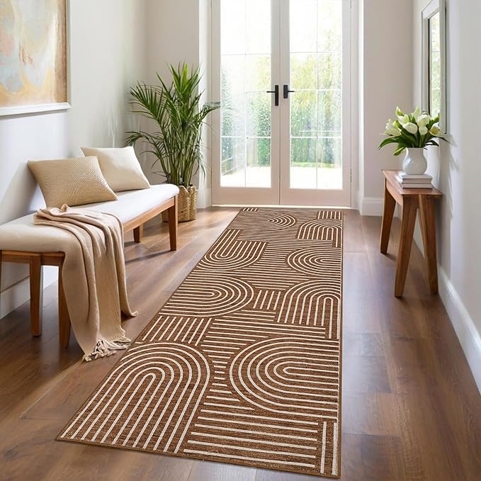 Modern Rug 2.5x10 Runners for Hallways, Abstract Kitchen Runner Rugs Non Slip Bath Mat, Rainbow Washable Runner Rug for Bedroom, Soft Long Rugs for Entryway Bathroom Laundry Dorm, Copper