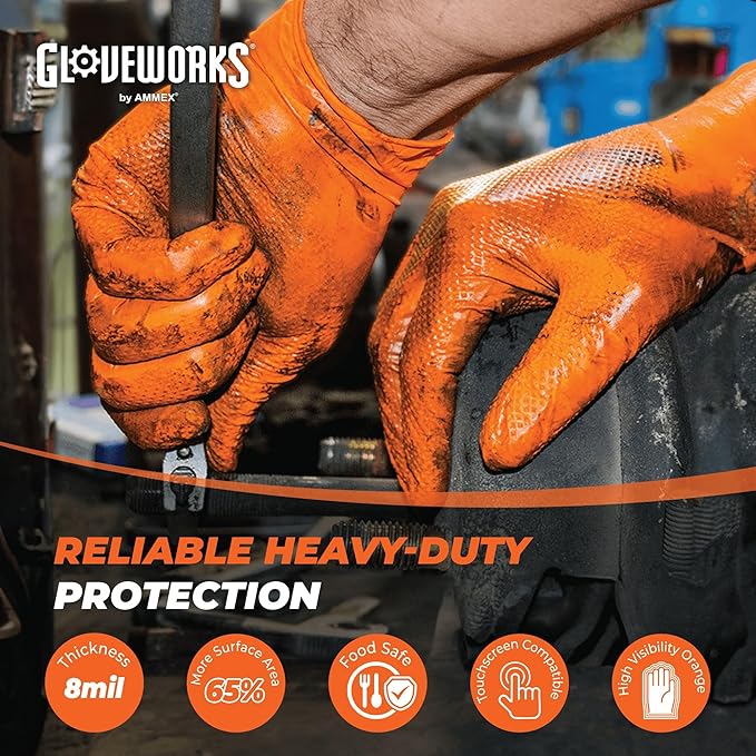 GLOVEWORKS 8 Mil Orange Nitrile Disposable Gloves Heavy Duty Industrial RDT for Mechanic and Automotive Shops Latex Free