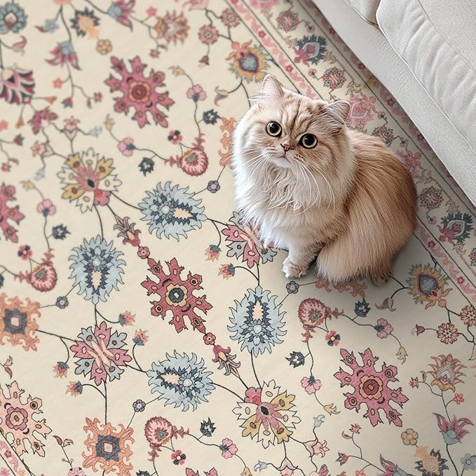 Pink Rug for Living Room Bedroom, Floral 6x9 Washable Rug,Vintage Boho Area Rug, Large Non Slip Flower Carpet for Indoor Dining Room,Girls Room,Nursery Room and Kids Room(Blush Pink 6x9ft)