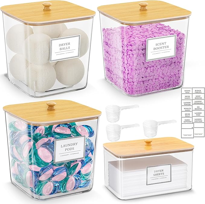 Laundry Pods Storage Container, Clear Laundry Room Organization and Storage ,Detergent Powder Container,with Wooden Lids & Labels, 3+1 Pack