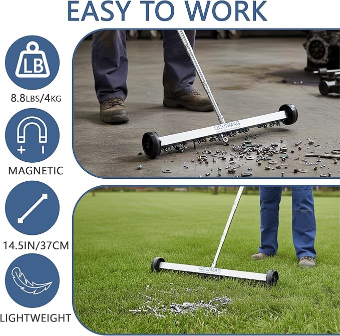 17-Inch Rolling Magnetic Sweeper with Wheels, Adjustable Handle, 8.8-Pound Capacity Heavy-Duty Magnet to Pick Up Nails