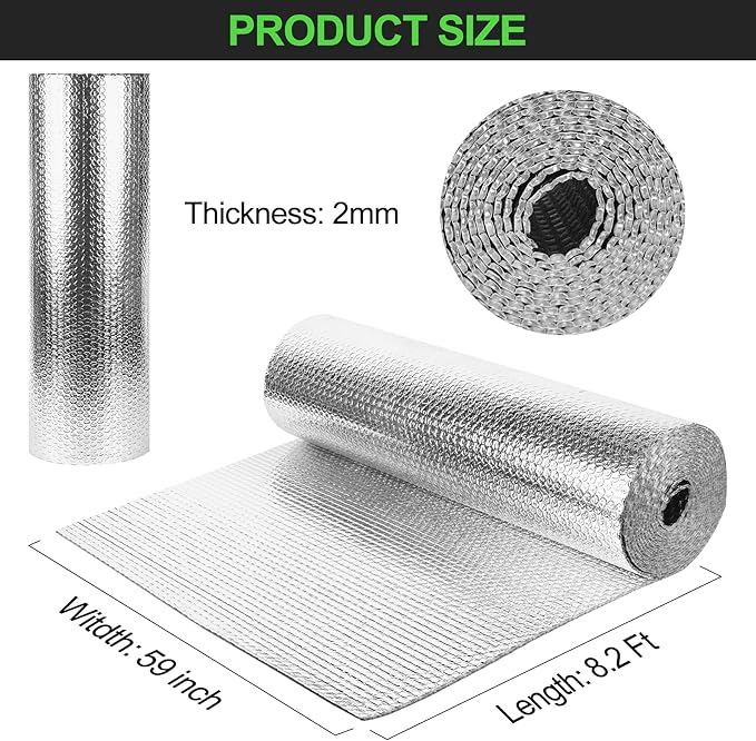 Reflective Insulation Roll 59 inch x 8.2Ft Double Bubble Reflective Aluminum Foil Wrap Insulation Sheet Thermal Shield Radiant Barrier for Winter RV Window Thermal Cold Insulation Summer Heat - Silver