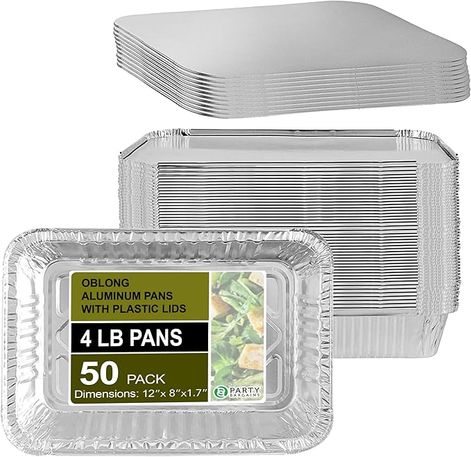 PARTY BARGAINS 4 lb Aluminum Pans with Board Lids, 50 Pack – 12 x 8 in Disposable Foil Roasting & Steam Table Pans for Catering, Takeout, Meal Prep, Oven Safe up to 240°C