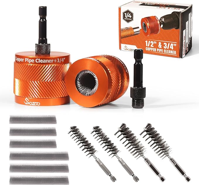 1/2" & 3/4" Metal Copper Pipe Cleaner Set,2PCS Replacement Blades provided per Size,Include 4PCS Stainless Steel Wire Bore Brush,for Cleaning Rust, Stains, Paint on Copper Pipe & Various Metal Pipes