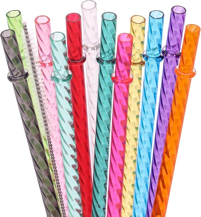Dakoufish 11 Inch Reusable Plastic Swirl Drinking Straws for 16 OZ 20 OZ 30 OZ Stanley,YETI,Starbucks,Owala Tumblers,Set of 12 Pcs Replacement Straws With Brush(11inch,12color)