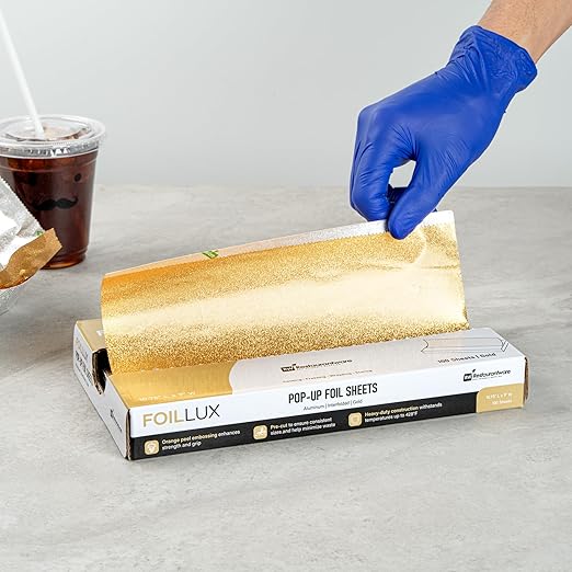 Restaurantware-Foil Lux 10.8 x 9 Inch Pop-Up Sheets, 2000 Disposable Papers For Food - Orange Peel Embossing, Interfolded, Gold Aluminum Foil Sheets, Greaseproof, Freezable And Oven Ready