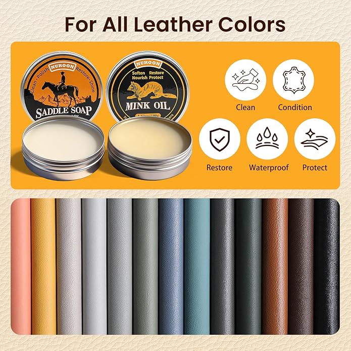 7 Pcs Leather Cleaner Boots Shoes Care Kit-3.52oz Saddle Soap for Leather Items Cleaning, 3.52oz Mink Oil for Shoes Polishing, Including Horsehair Brushes, Shine Cloth and Sponge Pad