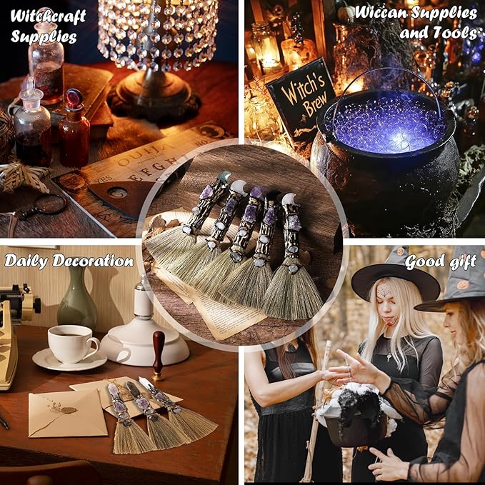Crystal Witch Altar Broom - Witchcraft Supplies with Moon Design Amethyst Wiccan Stuff Magic Broomstick with Natural Healing Crystals Pagan Fengshui Reiki Energy Clearing Gift