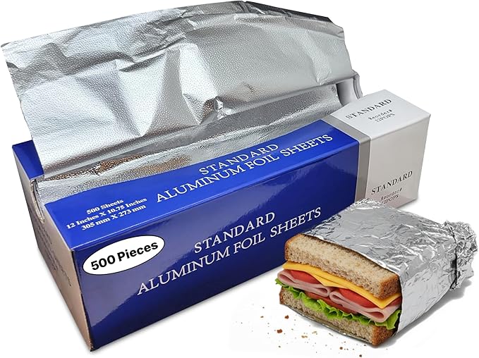 Pre-Cut Aluminum Foil Sheets, Foil Pop Up Sheets Aluminum Foil 12" x 10.75" inches come in a pop-up dispenser (1 Box)