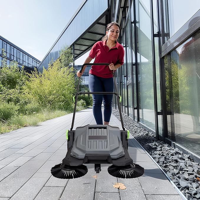 Walk-Behind Hand Push Floor Sweeper, 25.6" Sweeping Width Floor Sweeper Manual Non-Electric, 5-Gallon Waste Container, Angle & Height Adjustable Folding Handle for Walkway, Yard, Garage, Patio (25.6")