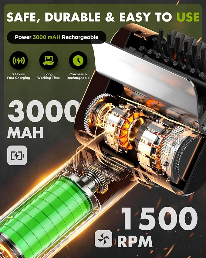 Cordless Electric BBQ Grill Cleaner – Rechargeable Electric BBQ Brush, 1500 RPM, 100-minute runtime, Comes with 1 Removable Replacement Brush Head, Suitable for Outdoor BBQ Grills.