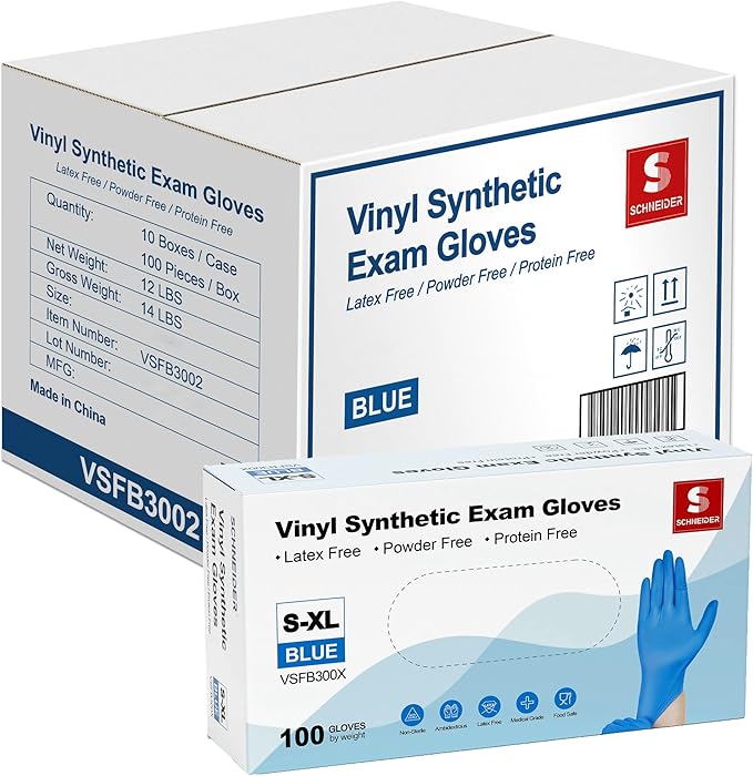 Schneider Vinyl Synthetic Exam Gloves, 4 Mil, Latex Free Disposable Gloves for Medical, Cooking, Cleaning, and Food Prep,1000