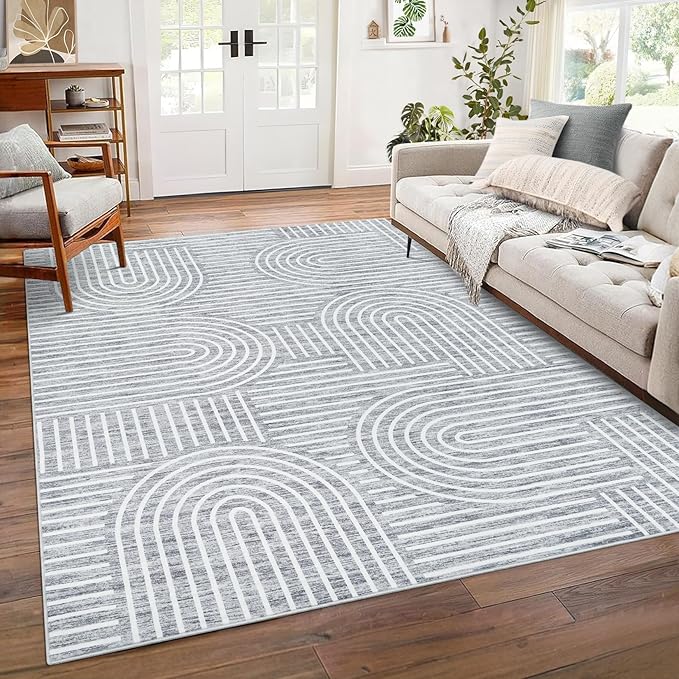Washable Rug 5x7 Area Rugs for Living Room, Abstract Rug for Bedroom, Soft Rainbow Non Slip Throw Rugs with Rubber Back, Low Pile Stain Resistant Boho Geometric Carpet for Dining Room, Ash