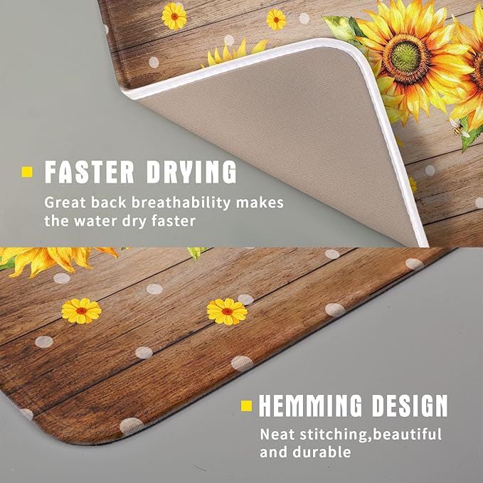 Summer Sunflower Bee Dish Drying Mat for Kitchen Counter,Rustic Yellow Flowers White Polka Dots Drying Mat 16 x 18 Inch with Absorbent Reversible Microfiber Drying Pad for Coffee Bar