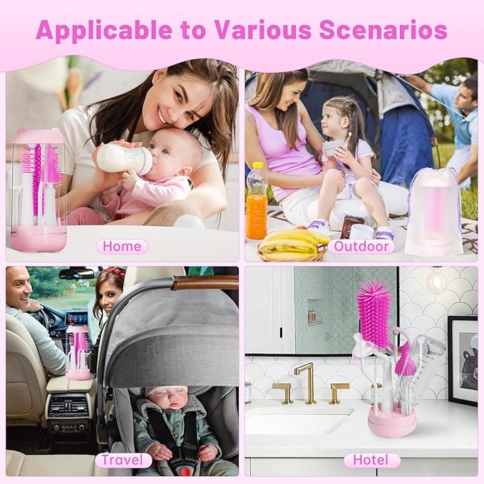 Bottle Brush Set,Travel Bottle Cleaner Kit with Baby Bottle Brush,UV Light,Straw Brush,Nipple Brush,Bottle Drying Rack for Home and Travel