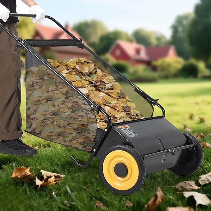 Garvee 21 Inch Push Lawn Sweeper, Leaf & Grass Collector, Strong Rubber Wheels & Heavy Duty Thickened Steel Durable to Use with Large 3.5 Cu. ft Hopper Bag, 4 Spinning Brushes