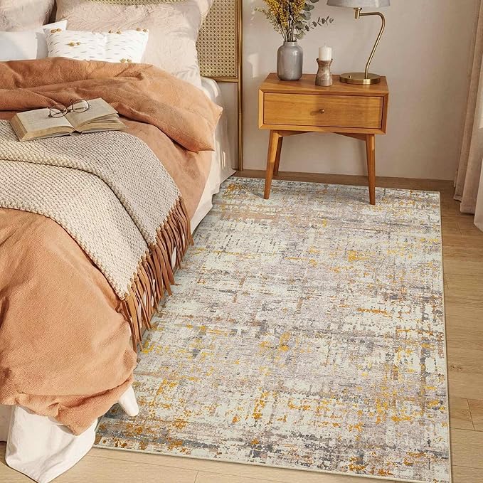 3x5 Washable Entryway Rug, Non Slip Boho Runner Rugs for Hallway, Entrance, Kitchen, Bathroom, Laundry Room, Soft Entryway Carpet, Throw Low Pile Retro Imitation Wool Carpet, Gold Beige