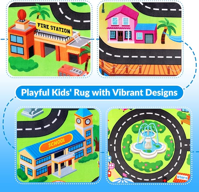 Kids Rug, 3x5 FT Island City Car Rug Play Mat with Realistic Roads and Tracks, Non-Slip, Stain Resistant, Machine Washable, Interactive City Road Carpet for Kids Room, Playroom & Nursery