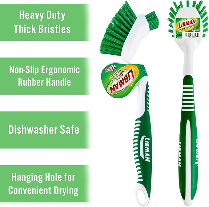 Libman Dish Brush Set with Long Handle - Deep Cleaning Brushes - Dish Scrubber & Scraper - Kitchen Scrub Brush for Dishes, Sinks, Pots, Pans, Vegetables
