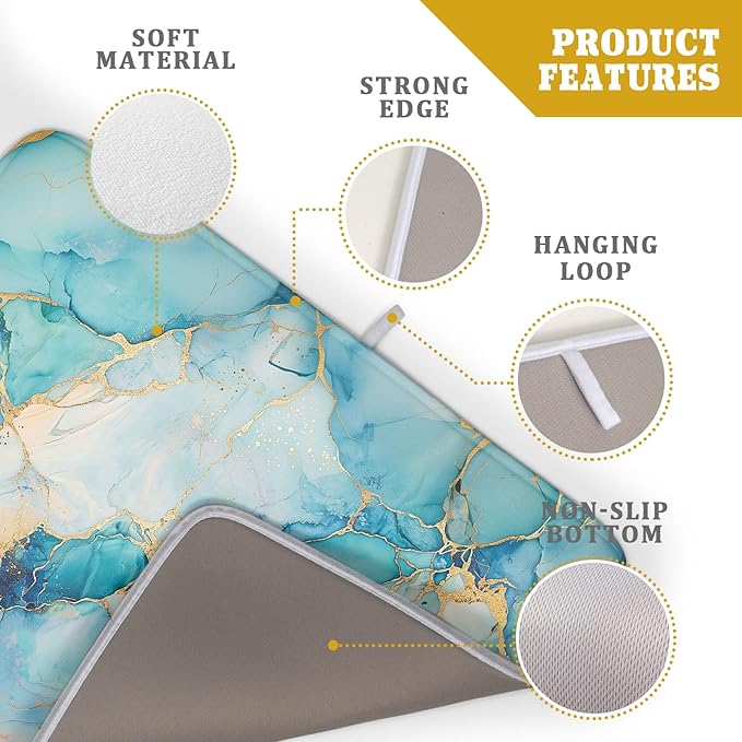 Marble Print Dish Drying Mat for Kitchen Counter,Blue Teal Turquoise Gold Drying Mat 18 x 24 Inch with Absorbent Reversible Microfiber Drying Pad for Coffee Bar