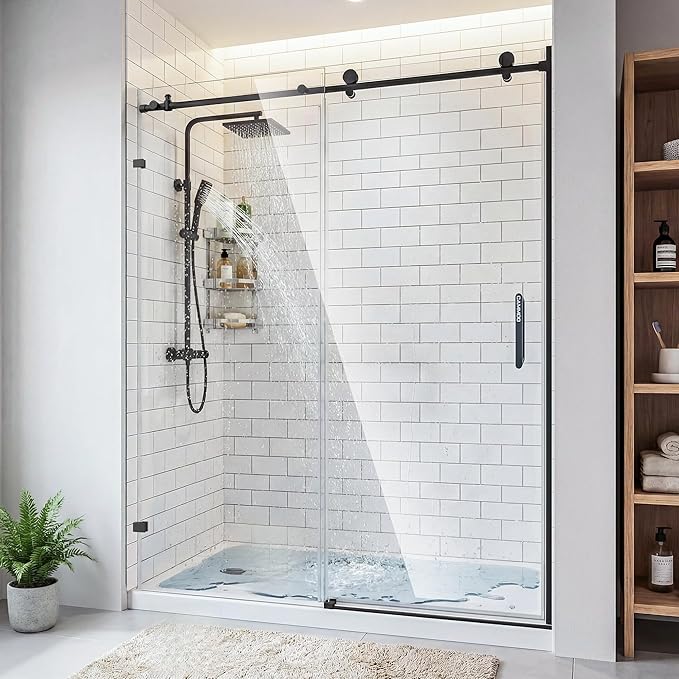 56-60" W x 75" H Frameless Shower Door, Magnetic Sliding Glass Shower Door, 5/16"(8mm) Thick Tempered Glass, Leak-Proof Seals, Stainless Steel Hardware, Easy-Clean Nano Coating, Matte Black
