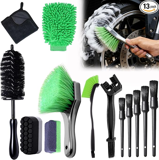 13PCS Motorcycle Cleaning Kit, Motorcycle Detailing Kit Overall Cleaner Tools Car Washing Brush Rims Cleaning Kit Chain Tire Wheel Brush Set Chain Tire for Car Bike Motorbike