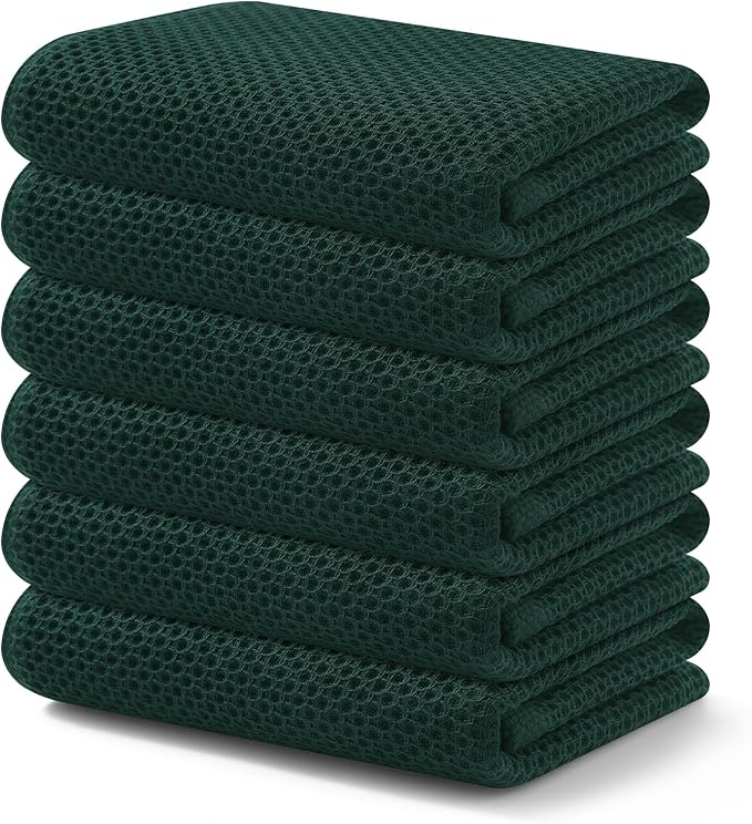 Kitinjoy 100% Cotton Waffle Weave Kitchen Hand Towels (13 X 28 Inches, Blackish Green), 6-Pack Super Soft and Absorbent Dish Towel for Drying Dishes
