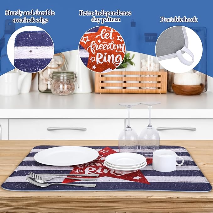 2 Pcs Memorial Day Dish Drying Mat for Kitchen 18 x 24 Inch 4th of July 250th Anniversary USA Patriotic Red White Blue Independence Day Star Microfiber Drainer Mat for Countertop