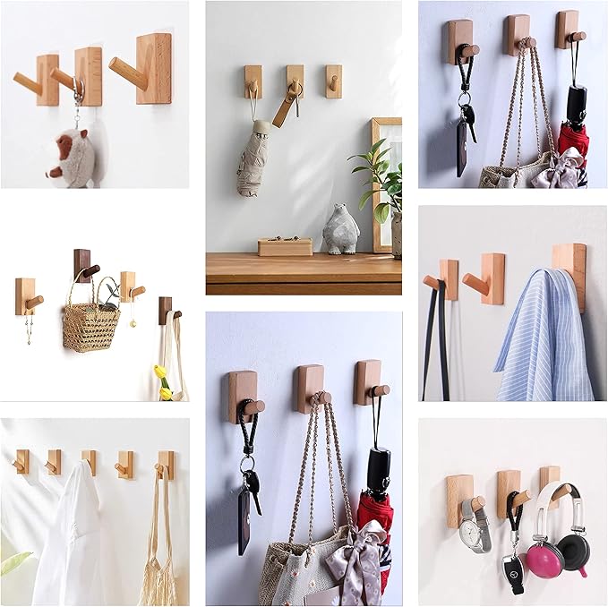 HomeDo 10Pack Adhesive Wall Hooks Hat Rack, Wooden Coat Hooks Wall Mounted, Decorative Hooks Single Organizer Hat Hanger Towel Rack, Heavy Duty Hooks (Rectangle-Beech,10P)