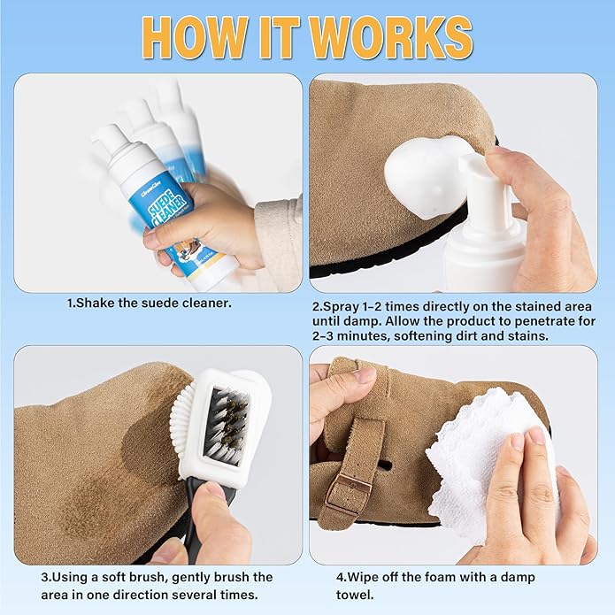 Suede Cleaning Kit 6.76oz – Effectively Removes Dirt, Stains & Water Marks – Includes Suede Brush & Microfiber Towel for Cleans & Restores Shoes, Boots, Jackets, Bags, Purses & More
