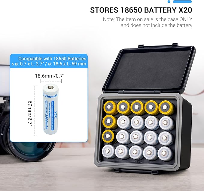 JJC 18650 Battery Case Holder for 20 x 18650 Battery, Water-Resistant & Shockproof 18650 Battery Storage Box Organizer with EVA Interior for Better Protection
