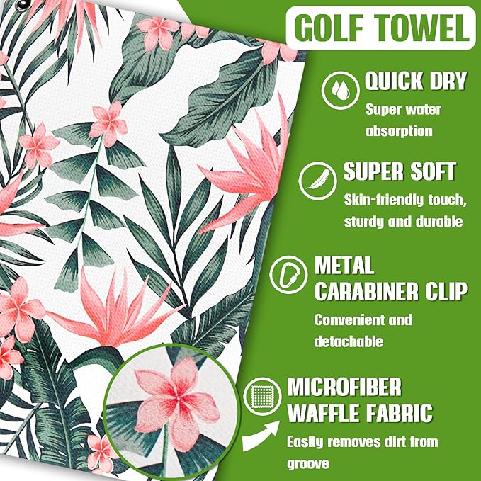 Tropical Plants Golf Towel and Brush Set, Microfiber Waffle Golf Bag Towel with Clip, Golf Cleaning Kit for Men and Women, Leaves Golf Accessories for Golf Fan, Golf Lovers Golfers Retirement Gift