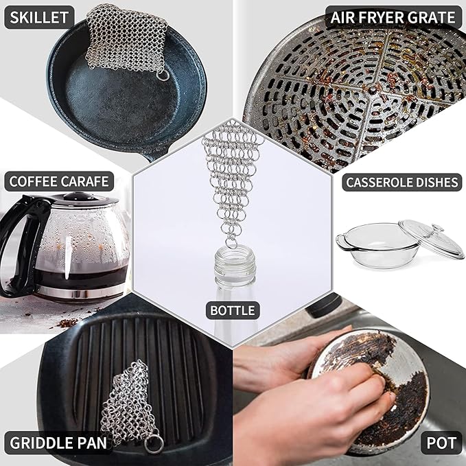 2pcs 5”x5“ Chain Mail Cast Iron Cleaner Scrubber, 316 Chainmail Scrubber Cast Iron Skillet Cleaning Brush, Chainmail Scrubbing Metal Scrub Tool to Clean Dutch Oven Carbon Steel Wok Grill Pan Pot