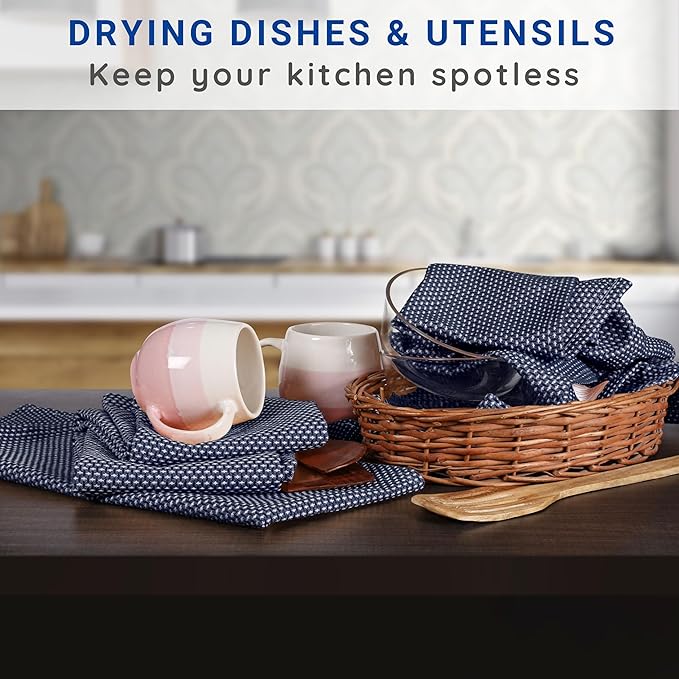 TWINY threads 6 Pack Kitchen Towels, 100% Cotton, 18x28 Inches, Highly Absorbent & Soft, Quick-Dry Dish Towel Set with Hanging Loop, Washcloth for Cleaning, Washable for Everyday Use - Navy Blue