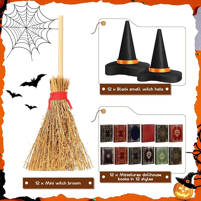 36 Pieces Mini Halloween Decorations 12 Mini Felt Witch Hats 12 Small Brooms 12 Miniature Dollhouse Books Tiny Witch Accessories Set for DIY Crafts Halloween Party Decor Supplies (Colorful)